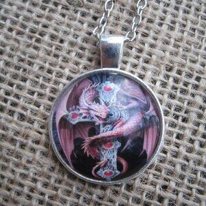 Red Dragon & Celtic Cross Glass Cabochon Pendant Necklace